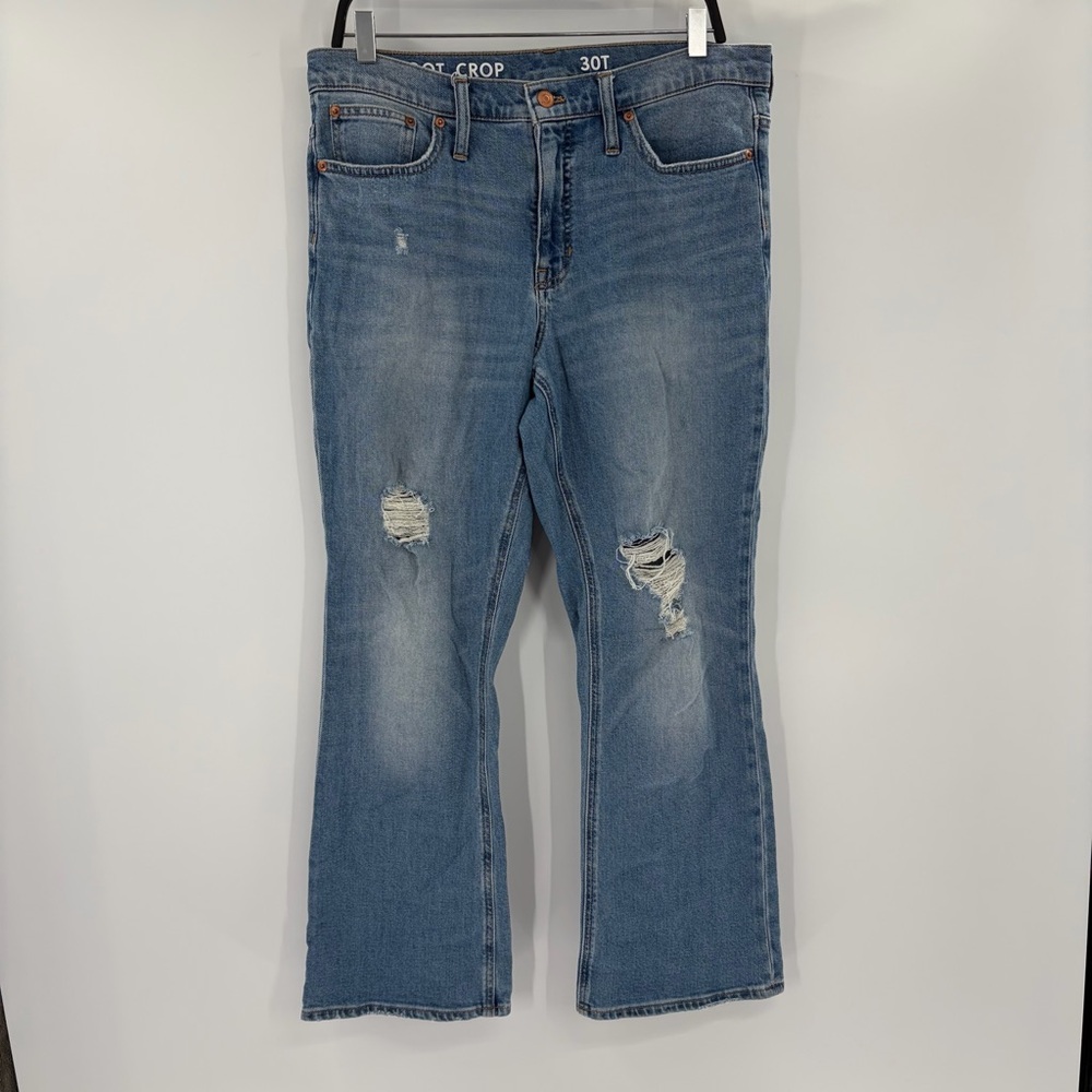 J.crew women’s blue Demi boot crop blue distress ripped flared jeans 33T tall